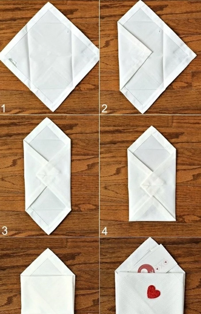 christmas napkin folding, white napkin, folded in the shape of an envelope, diy tutorial, step by step