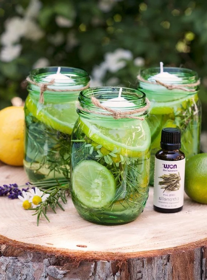 three large mason jars, filled with herbs, lemon and lime slices, essential oil candles, on a wooden log