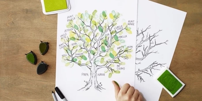 family tree, preschool games for kids, leaves made with thumbprints, on a white paper