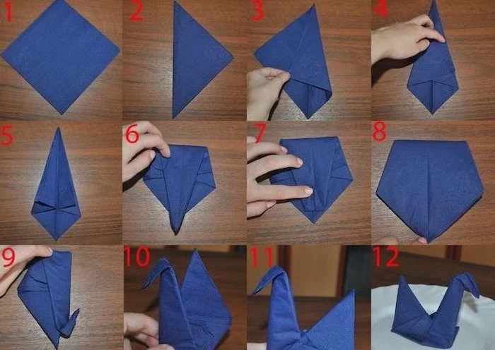 blue napkin, in the shape of a swan, paper napkin folding, diy tutorial, step by step