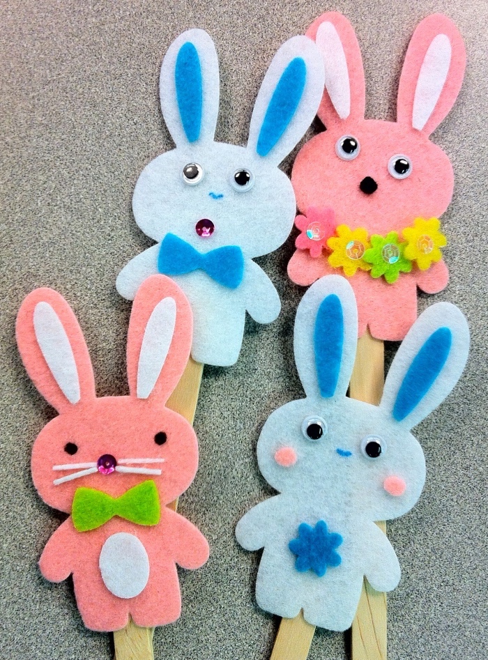 little bunnies, made of felt, preschool games for kids, glue to wooden popsicle sticks