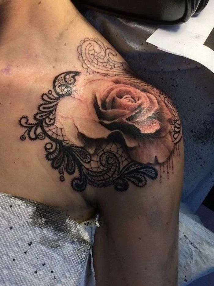 large rose, shoulder tattoo, white paper, side tattoos for girls