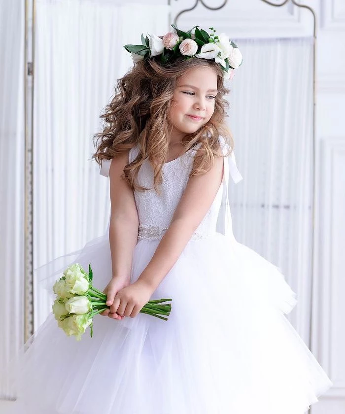 flower crown, long blonde wavy hair, white lace and tulle dress, white roses bouquet, flower girl dress