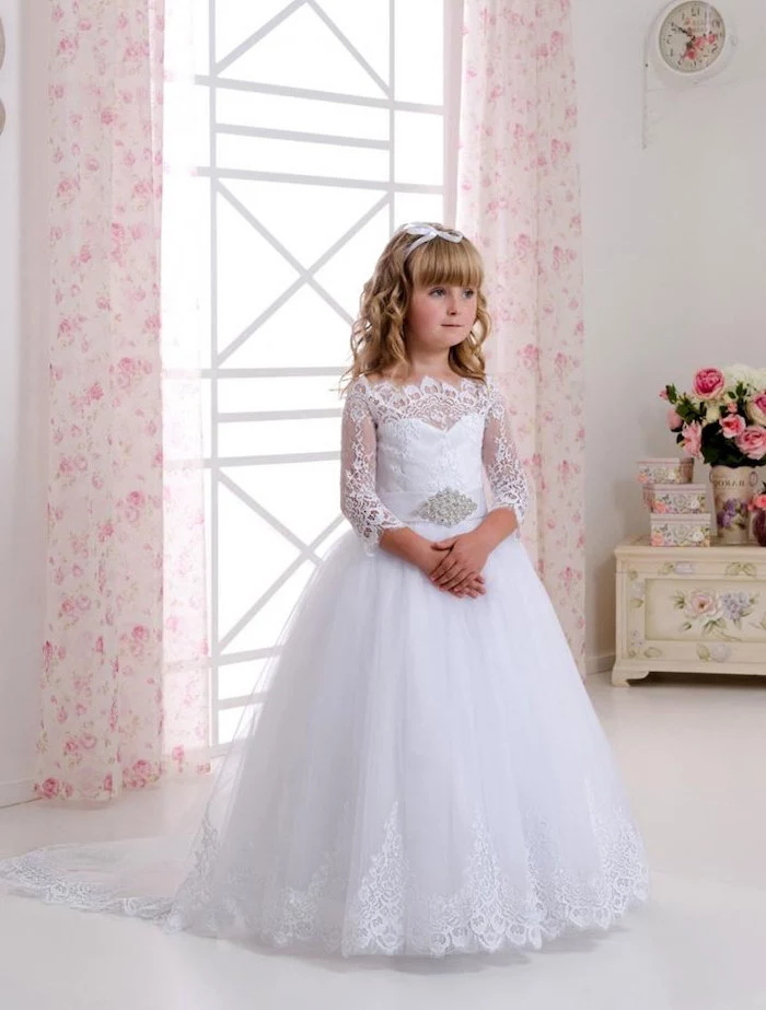 white lace and tulle dress, girls formal dresses, blonde wavy hair, with bangs, floral curtains