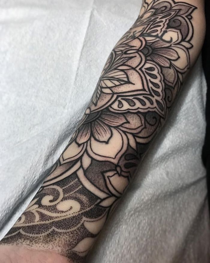 floral mandala tattoo, hand on white paper, tattoos for men with meaning