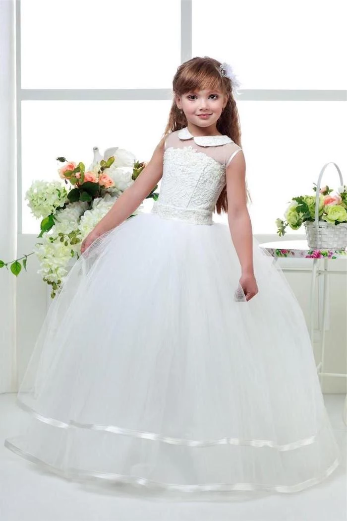 white lace and tulle dress, long blonde wavy hair, flower bouquets, girls formal dresses
