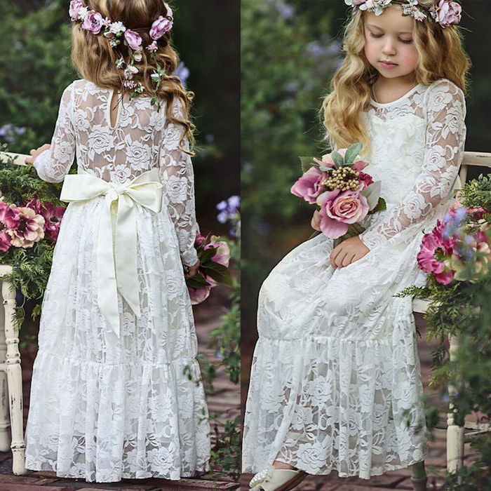 vintage white lace dress, flower crown, girls formal dresses, white satin bow, wooden bench