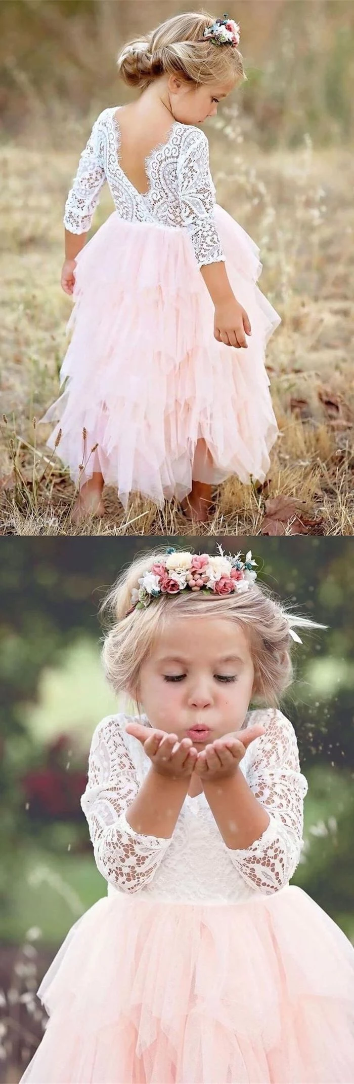 white lace top, pink tulle bottom, flower crown, flower girl dress, blonde hair, in a low updo