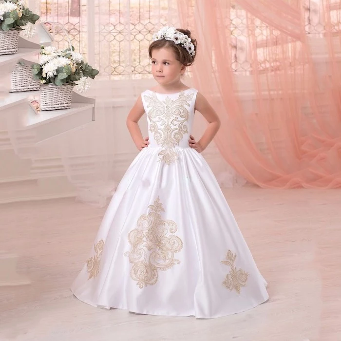 white satin dress, with ivory lace, girls formal dresses, white flower diadem, brown hair, in a low updo