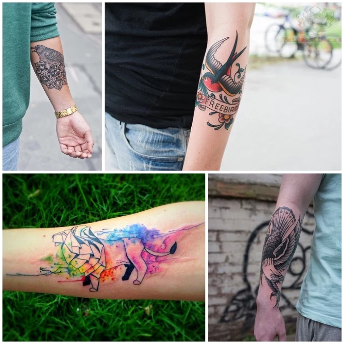 side by side photos, forearm tattoos, watercolour tattoos, mandala birds