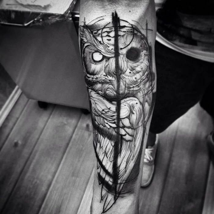 owl forearm tattoo, wooden floor, tattoos for men with meaning, black and white photo