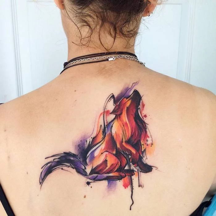 watercolour fox, back tattoo, chest tattoos for women, black necklaces