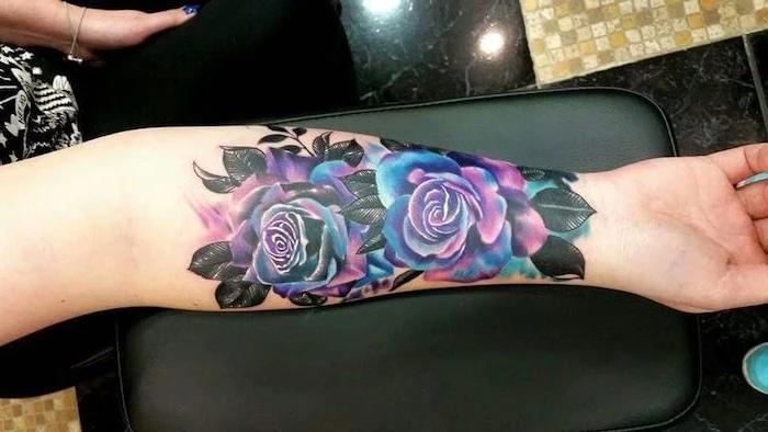 galaxy roses, forearm tattoo, tattoos for moms, black leather arm rest