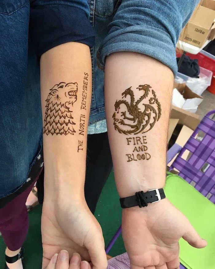 the north remembers, fire and blood, his and hers tattoos, game of thrones inspired, starks and targrayens