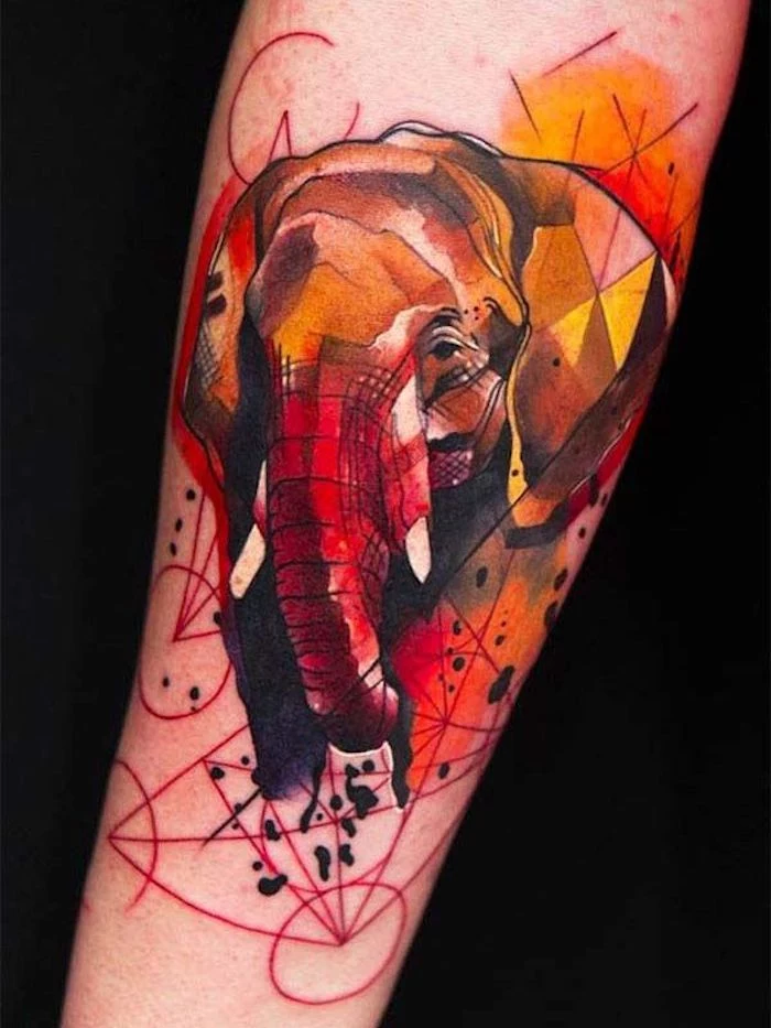 black background, chest tattoos for women, watercolour elephant, forearm tattoo