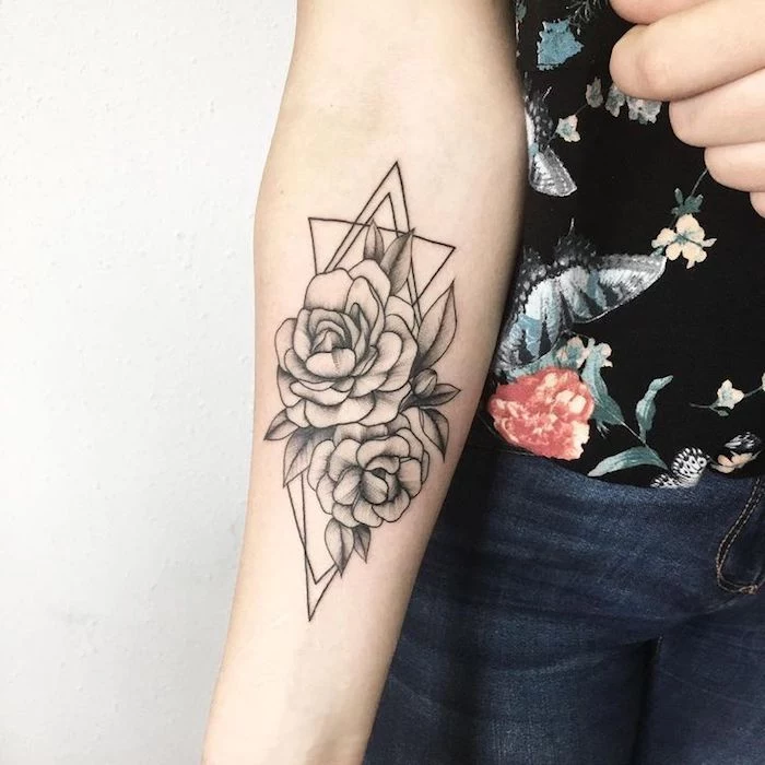 floral geometrical, forearm tattoo, arm tattoos for girls, floral top, white background
