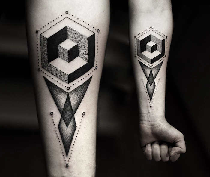 geometrical 3d forearm tattoo, black background, side by side photos, arm tattoos for girls