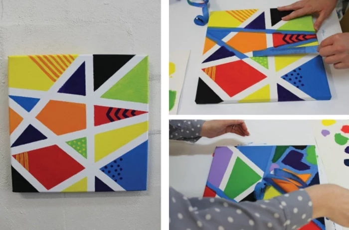 geometrical painting, preschool games for kids, step by step, diy tutorial, green and yellow, red and orange paint