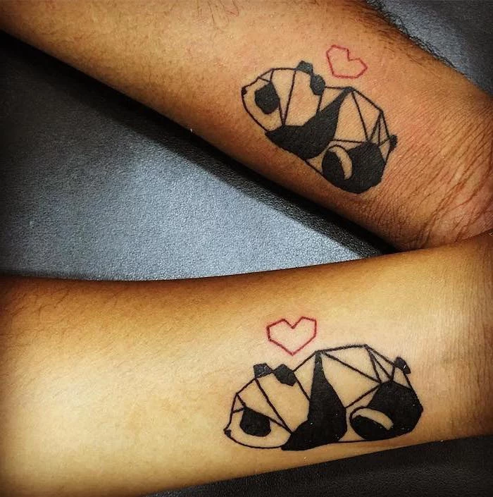 geometric panda, red heart above, his and hers tattoos, wrist tattoos