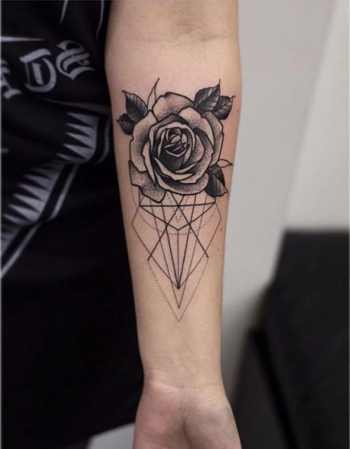 tattoos for moms, geometrical rose, black top, forearm tattoo