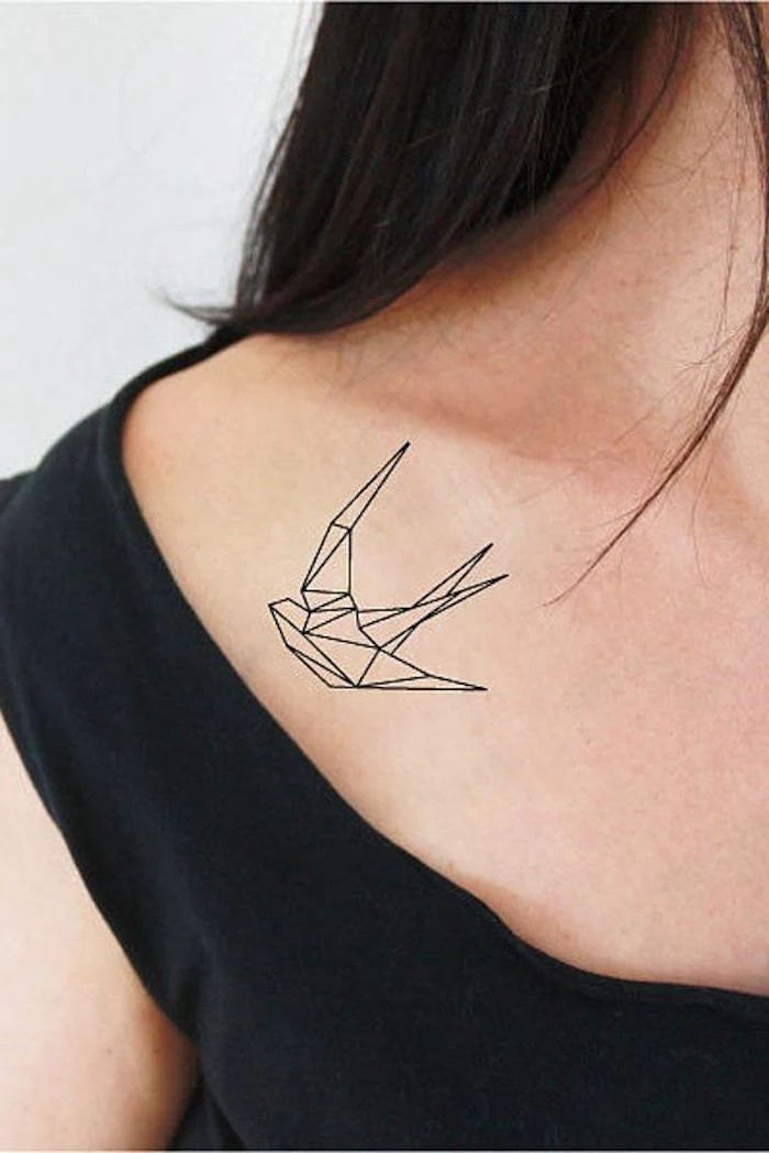 geometrical bird flying, shoulder tattoo, black top, black hair, tattoos for moms, white background