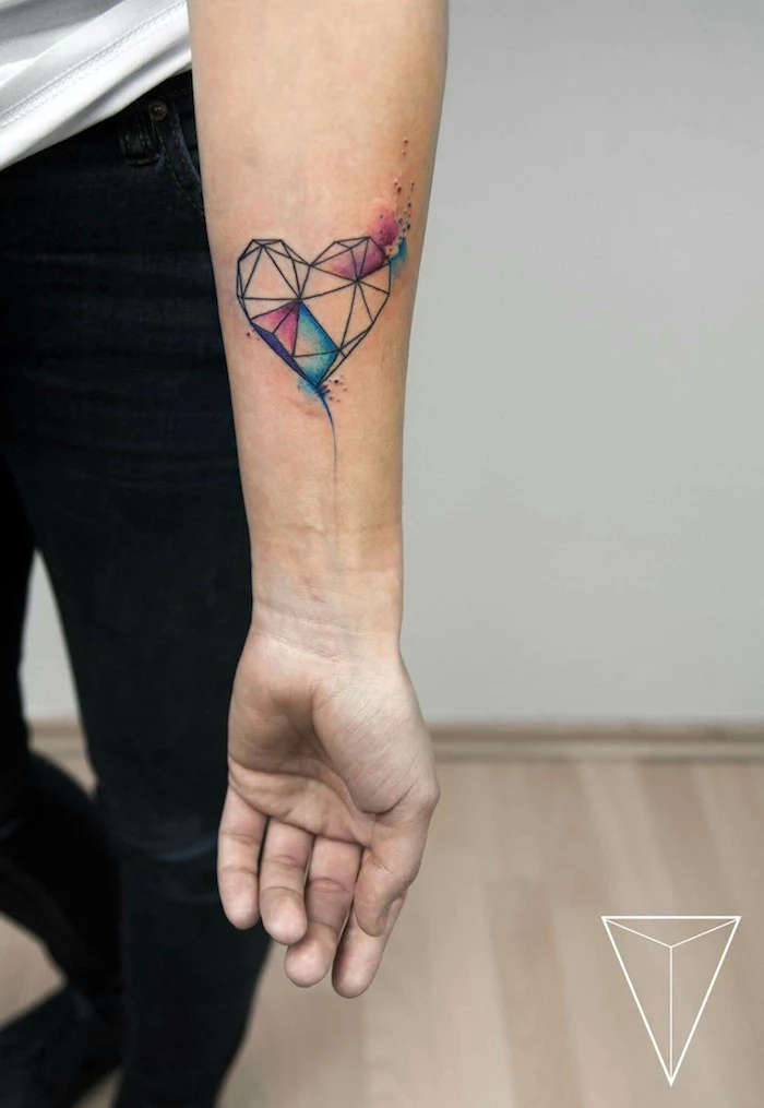 geometrical heart, forearm tattoos for women, watercolour tattoo, wooden floor