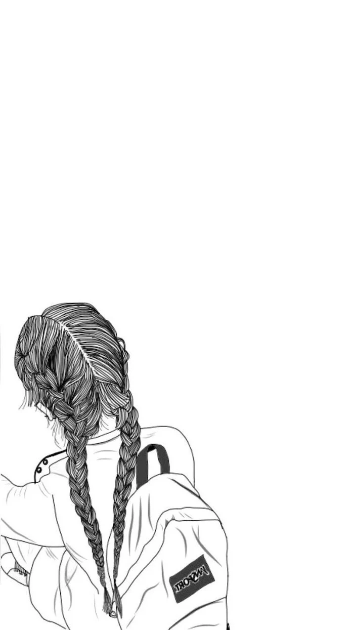 girl with braids and a backpack, girly backgrounds, drawing on a white background