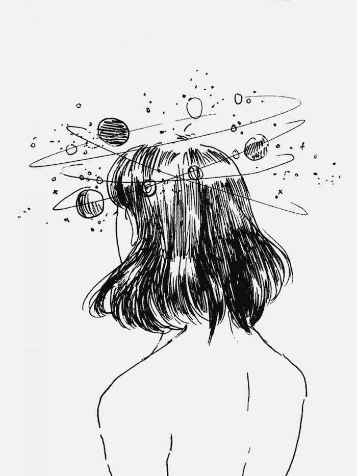girl drawing, planets around the head, white background, black and white tumblr