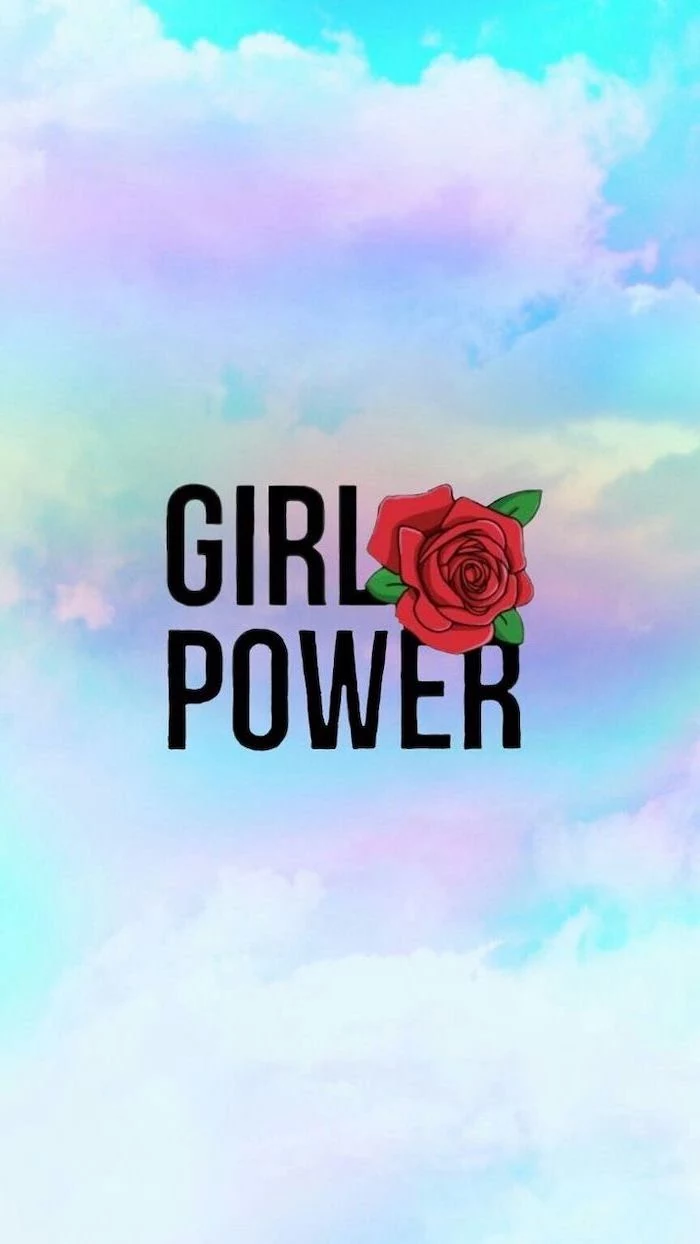 girl power, red rose, kawaii background, blue and purple sky