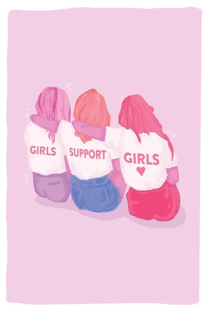 girls support girls, three girls hugging, kawaii background, pink background