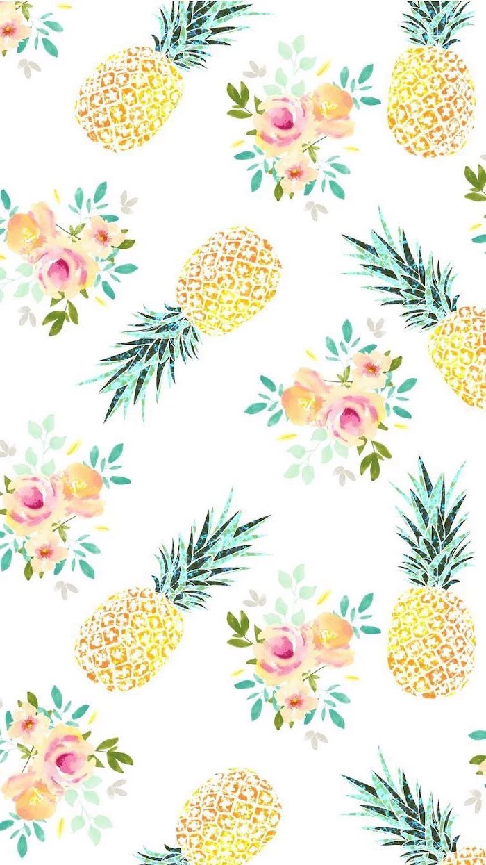 kawaii background, pineapples and flowers drawing, on a white background