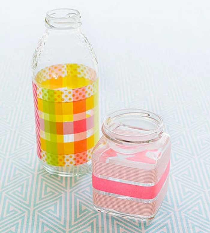 glass bottle, glass jar, washi tape around them, preschool games for kids