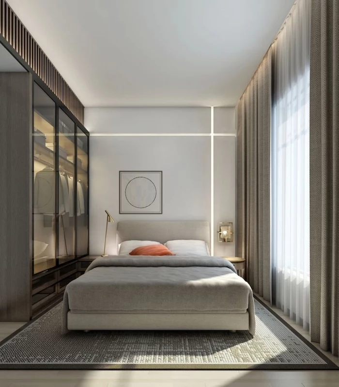 glass wardrobe, grey carpet, master bedroom decorating ideas, wooden floor, white wall, led lights