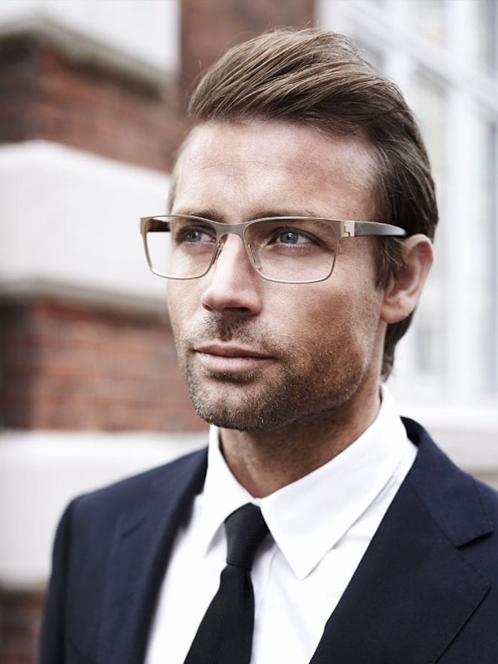 man wearing glasses, black suit, black tie, white shirt, best hairstyle for men
