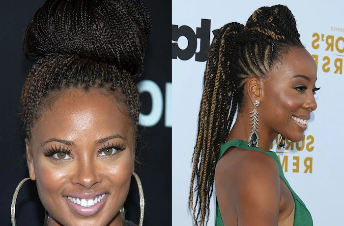 woman with black hair, side by side photos, big cornrow braids, two different hairstyles