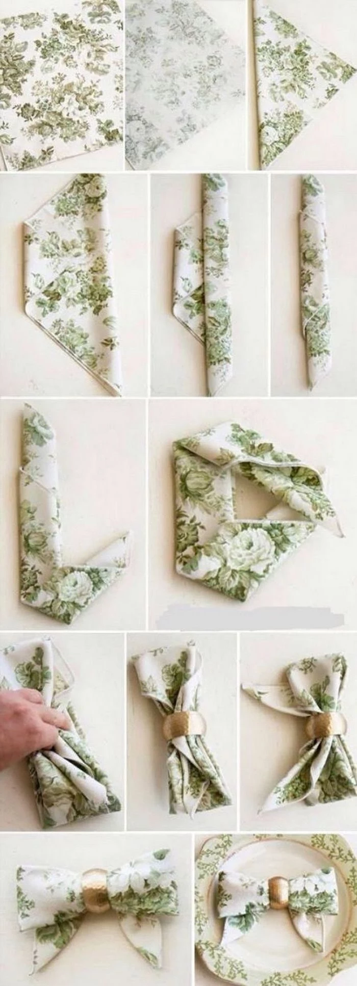 paper napkin folding, green floral napkin, in the shape of a bow, golden ring around it, diy tutorial, step by step
