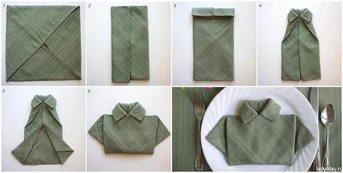 olive green napkin, in the shape of a shirt, paper napkin folding, step by step, diy tutorial