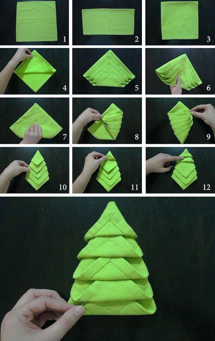 green napkin, in the shape of a christmas tree, folding diy tutorial, step by step, paper napkin folding