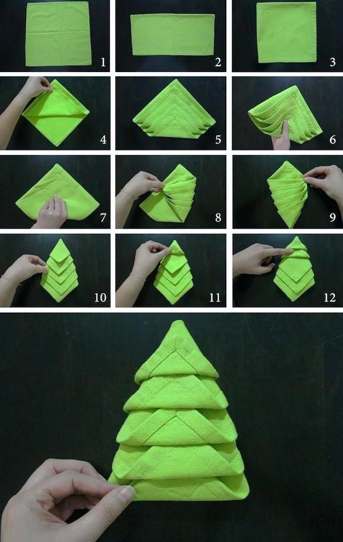 green napkin, in the shape of a christmas tree, folding diy tutorial, step by step, paper napkin folding
