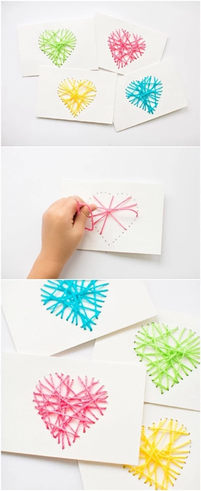 greeting cards, step by step, diy tutorial, preschool learning activities, hearts made of colourful strands