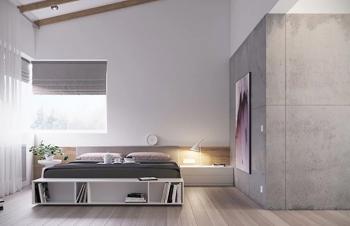 grey granite accent wall, bedroom design ideas, white bed, wooden floor, white drawers