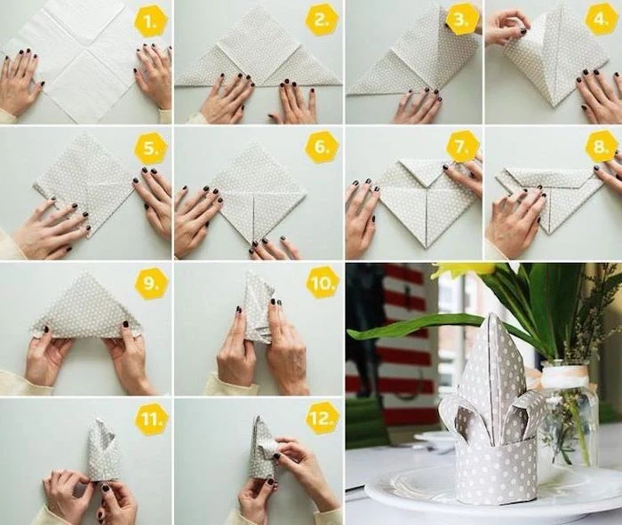 grey napkin, cloth napkin folding, with white dots, diy tutorial, step by step