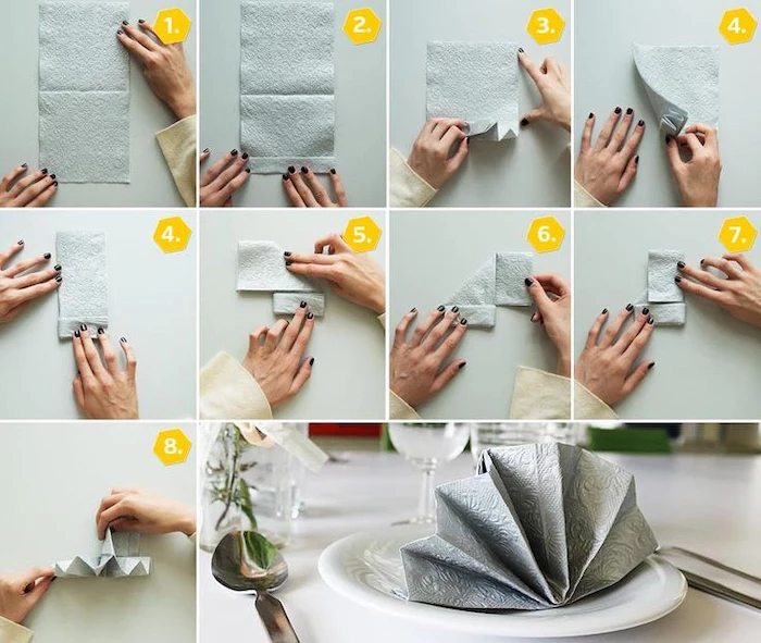 diy tutorial, step by step, grey napkin, fan shaped, cloth napkin folding