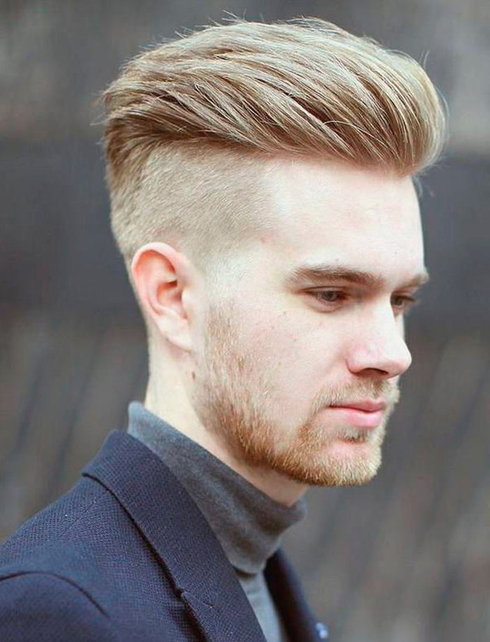 blonde hair, cool haircuts for men, navy jacket, grey polo blouse