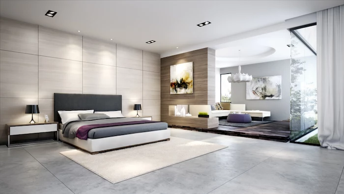 master bedroom decor, wooden walls, grey granite floor, white carpet, dark grey headboard