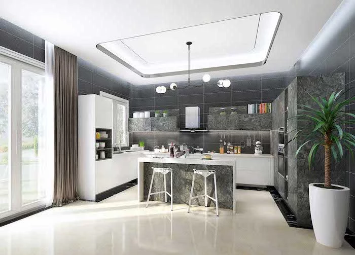 island cabinets, in granite grey, white floor, granite kitchen island, white countertops, tall windows