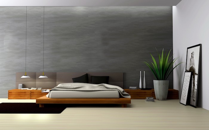 grey wall, wooden floor, wooden bed frame and shelves, how to decorate a small bedroom, hanging lights