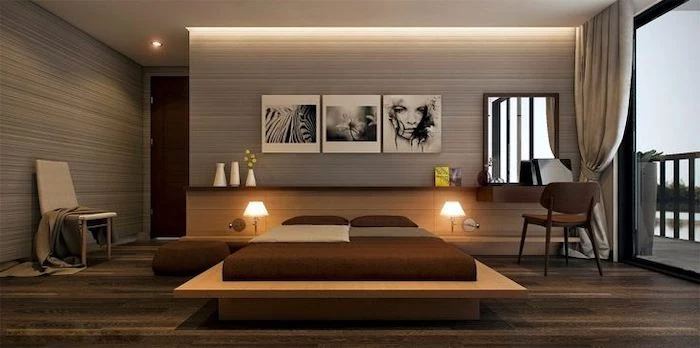 grey walls, hanging art, wooden bed frame, led lights, how to decorate a small bedroom, large windows