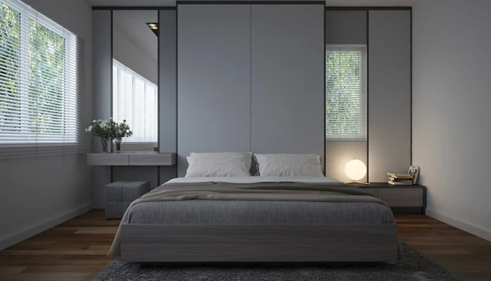 grey walls, tall mirrors, modern bedroom ideas, wooden bed frame, wooden shelves, wooden floor