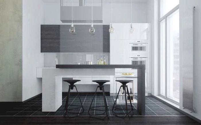 black tiled floor, grey cabinets, black metal bar stools, island cabinets, hanging lamps